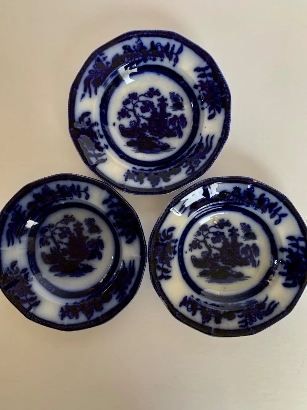 Antique Flow Blue “Chapoo” Berry Dishes – Set of 3 – 5” Pagoda Pattern